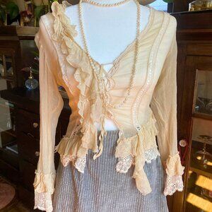 Anna Rita Cream Silk Mesh Asymmetrical Ruffle Top
